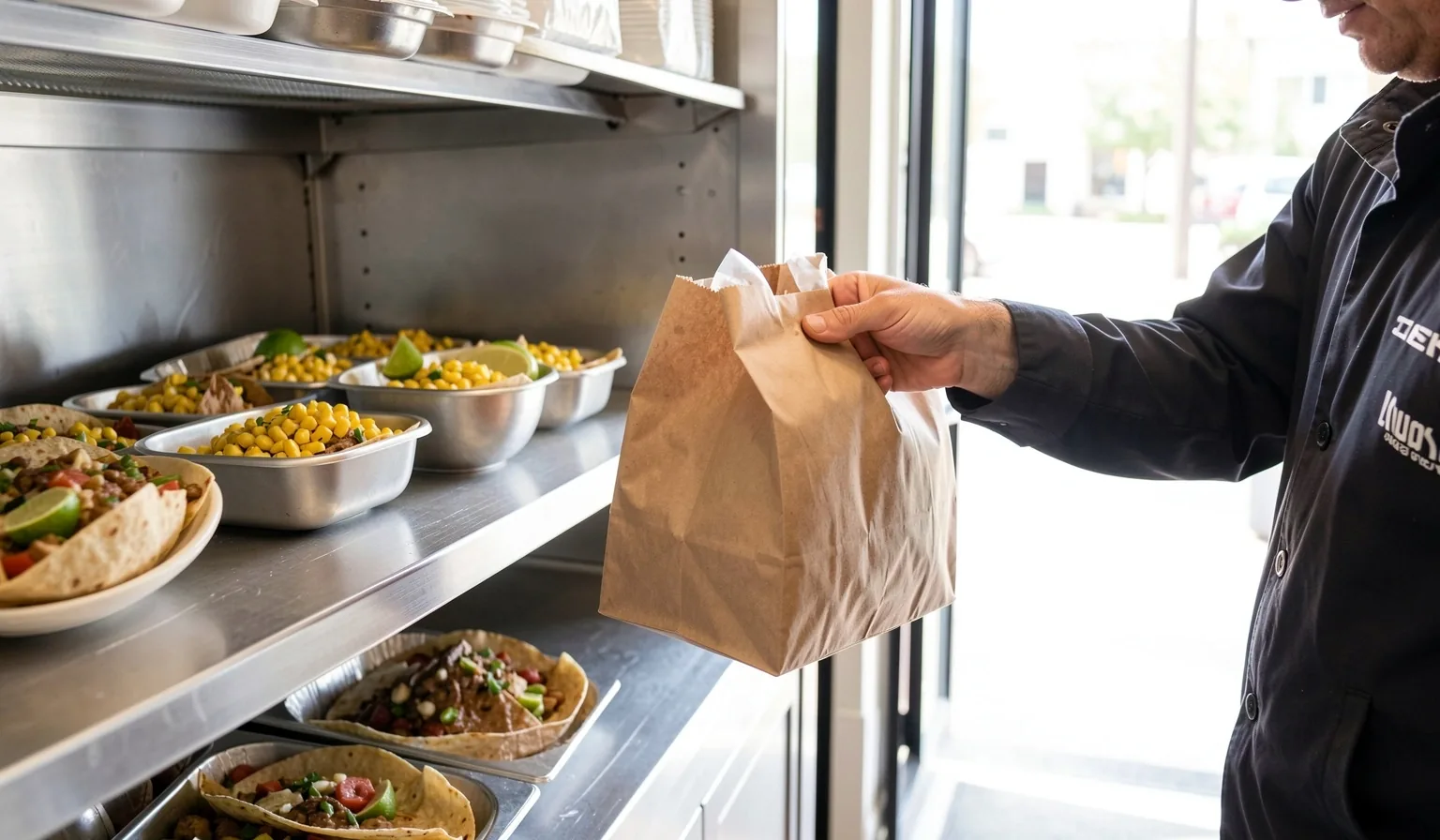 A steel prep counter with foil-wrapped burritos and an open paper bag