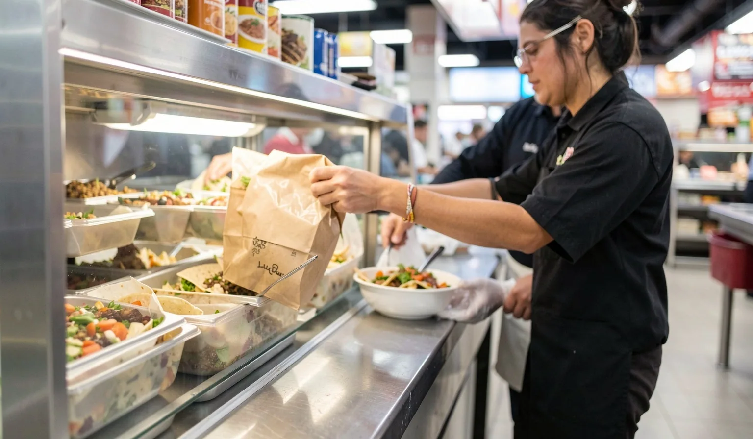 A quiet food court interior with stainless steel counters and a wide walkway