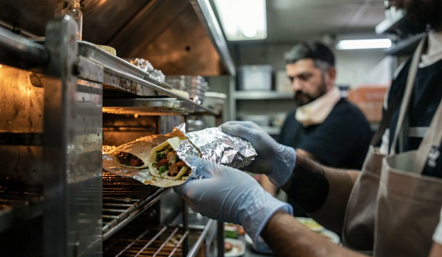 Hands lifting a foil-wrapped burrito from a kitchen pass-through
