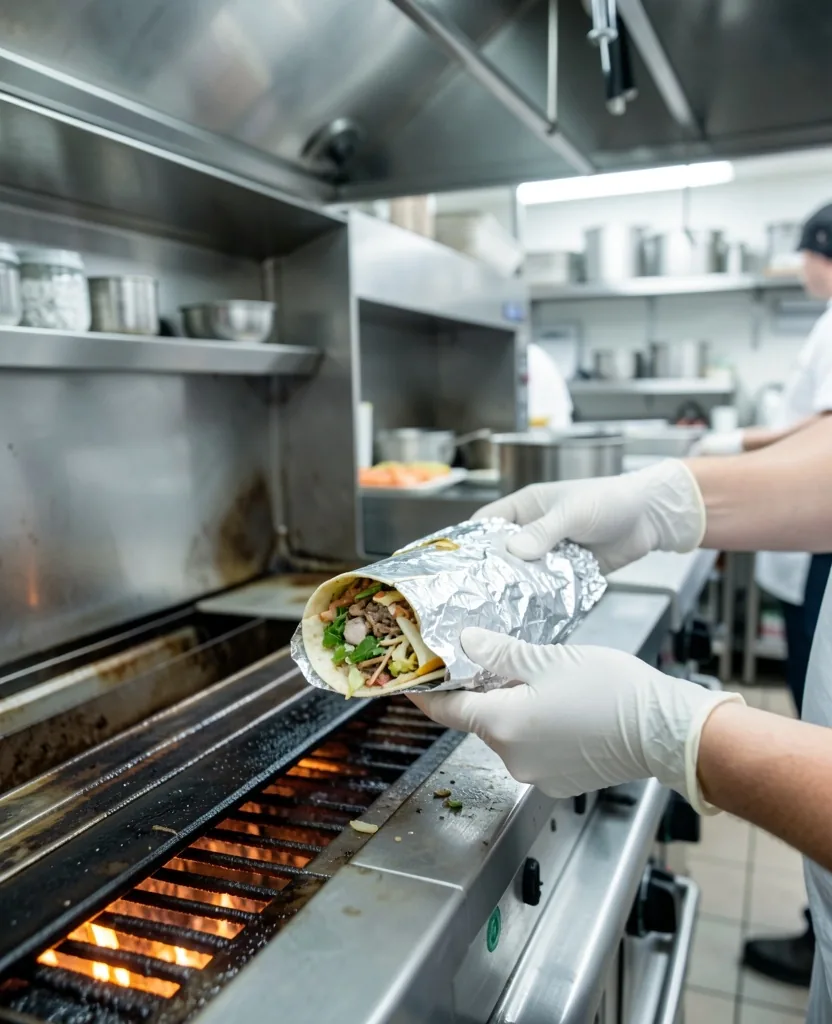Gloved hands lifting a foil-wrapped burrito from a hot line through a kitchen pass