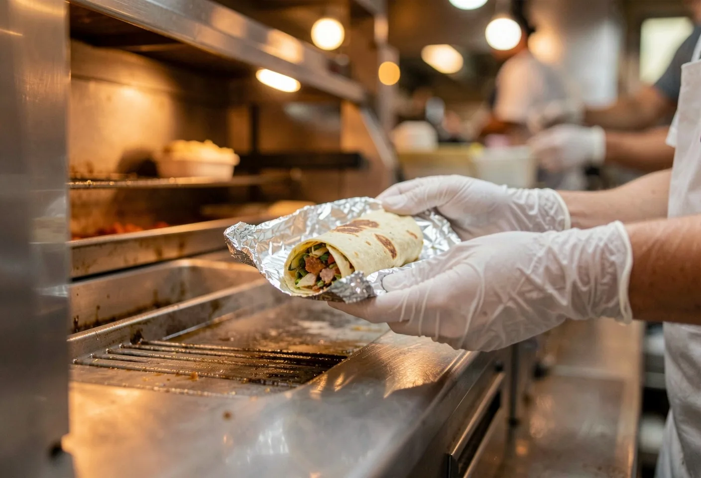 Hands lifting a foil-wrapped burrito from a kitchen hot line