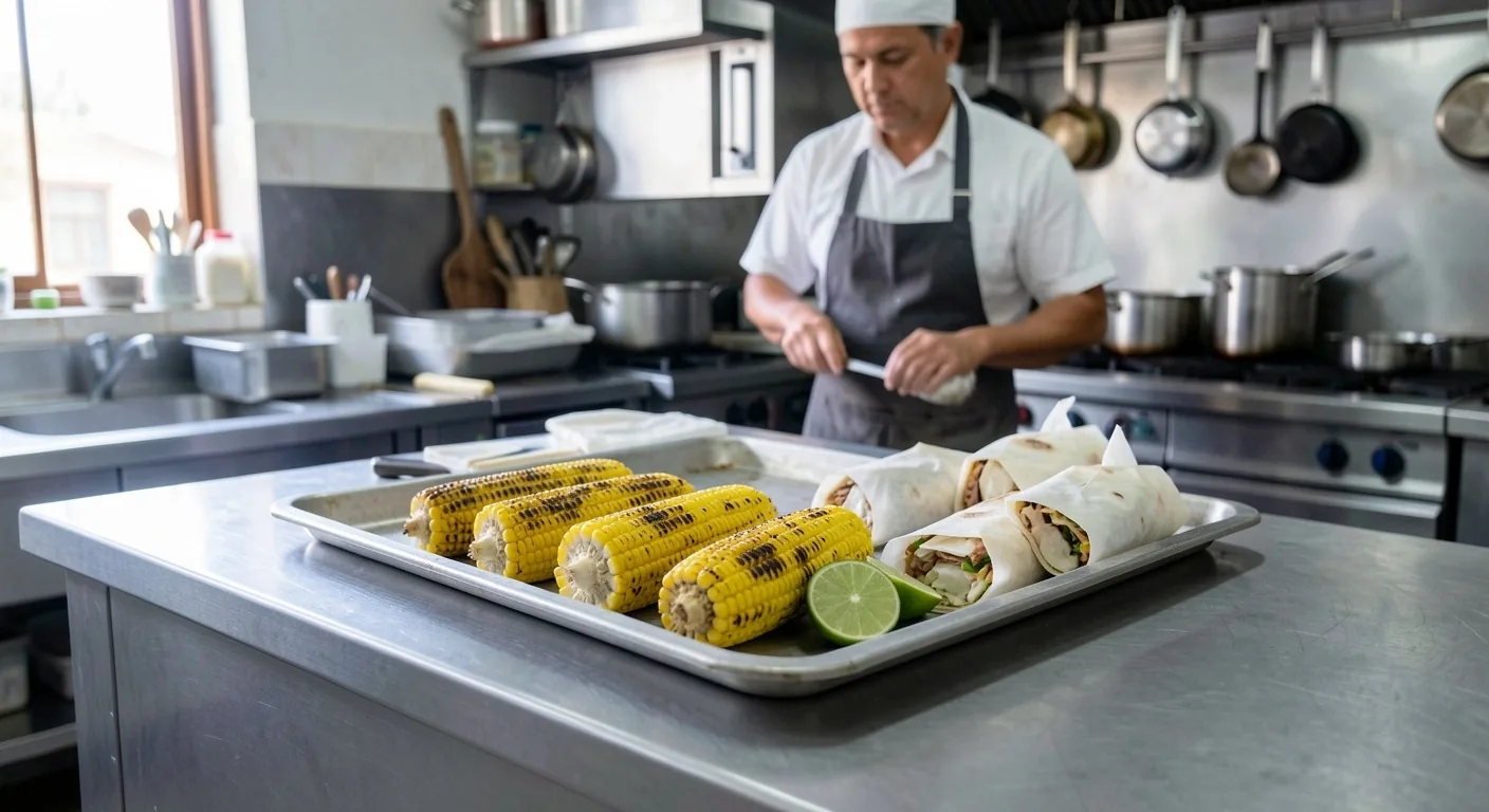 Mexican takeaway spread on a steel kitchen pass under cool daylight