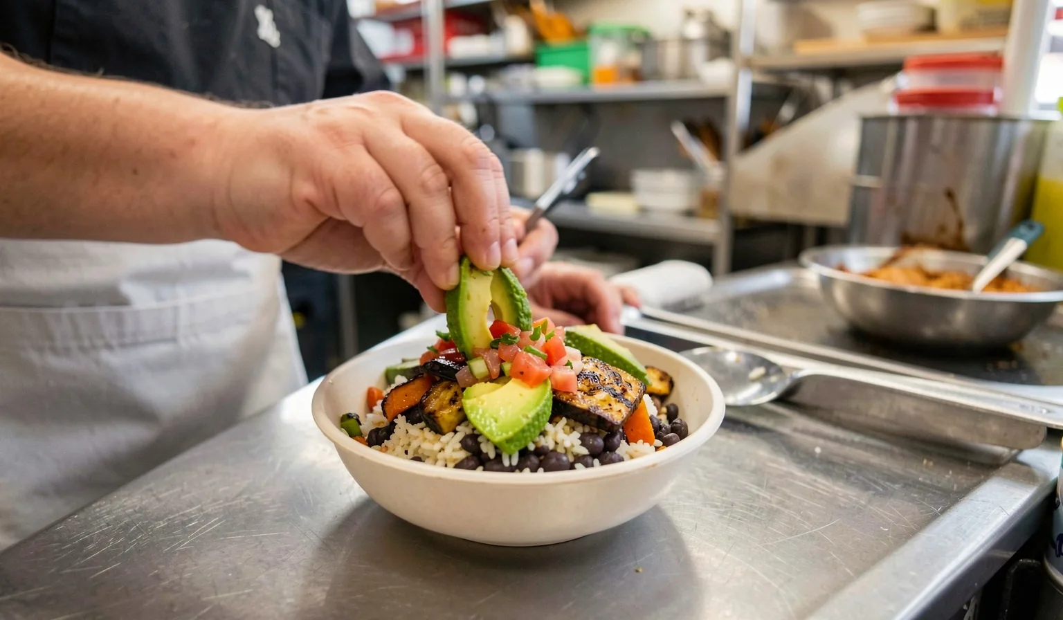 A vegetarian burrito bowl with rice, beans and fresh salsa