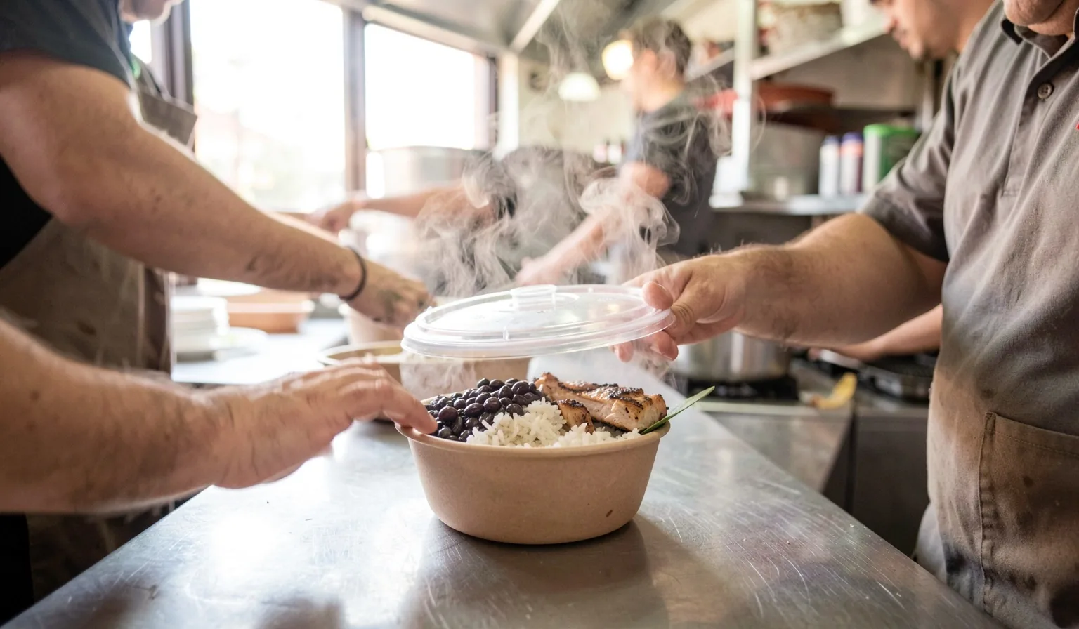 A lidded takeaway bowl with rice, beans and protein on a steel counter