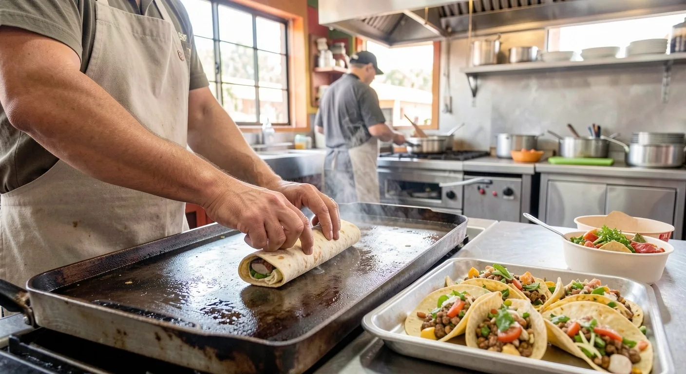 Foil-wrapped burritos, salsa cups and hot sauce on a steel kitchen pass