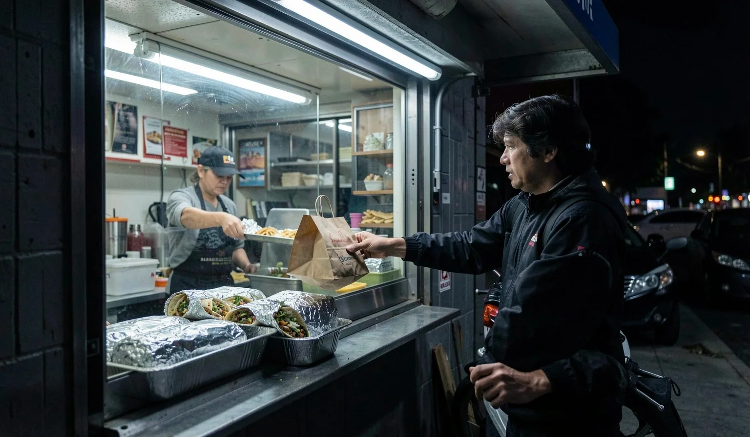 A kitchen pass at night with foil-wrapped burritos and a delivery rider's hand reaching for an insulated bag