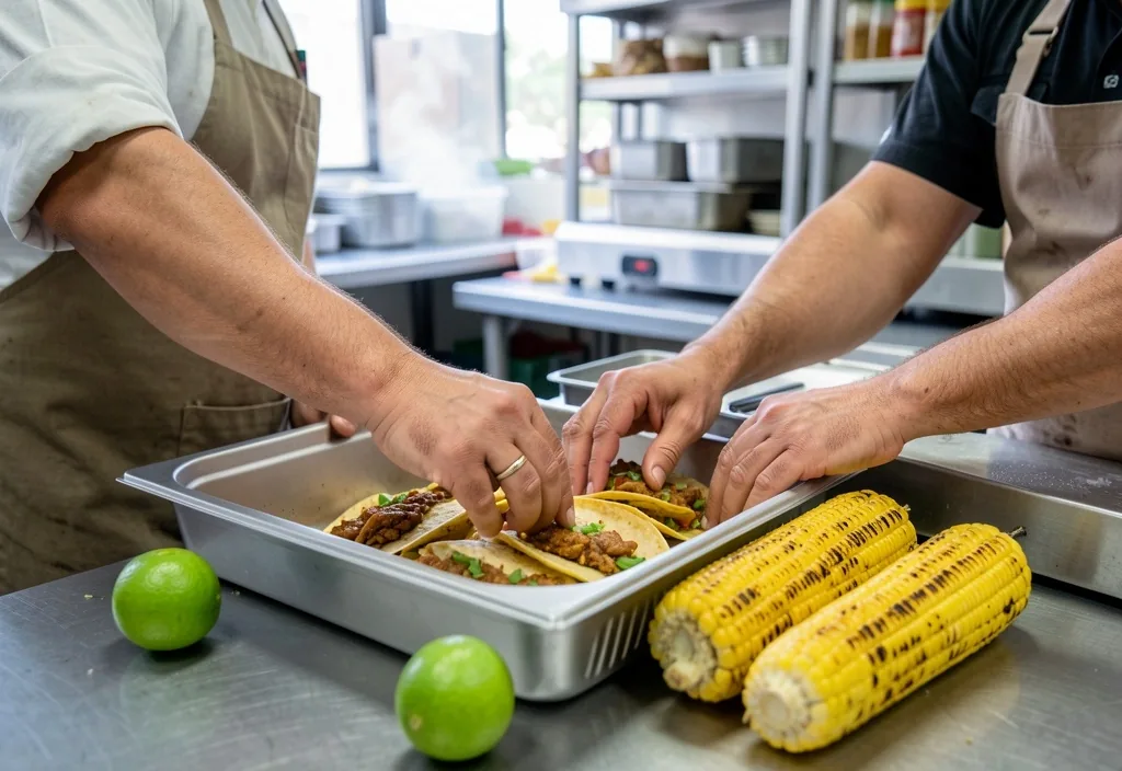 Foil-wrapped burrito with salsa cup on a prep counter