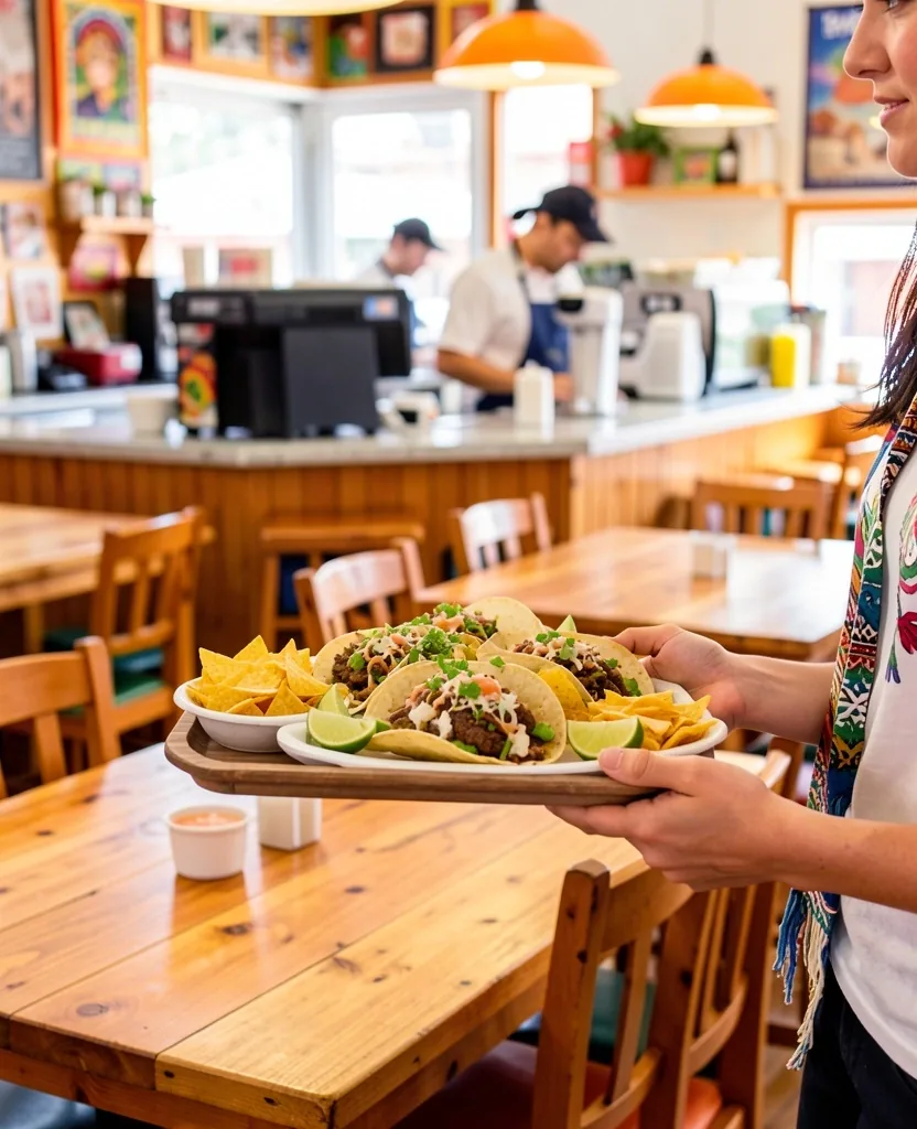 Hands lifting a foil-wrapped burrito from a kitchen pass