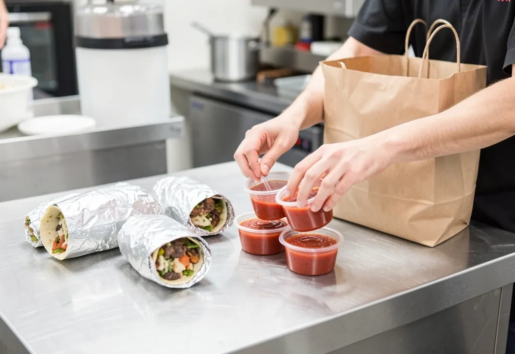 Foil-wrapped burritos and condiment cups on a steel counter