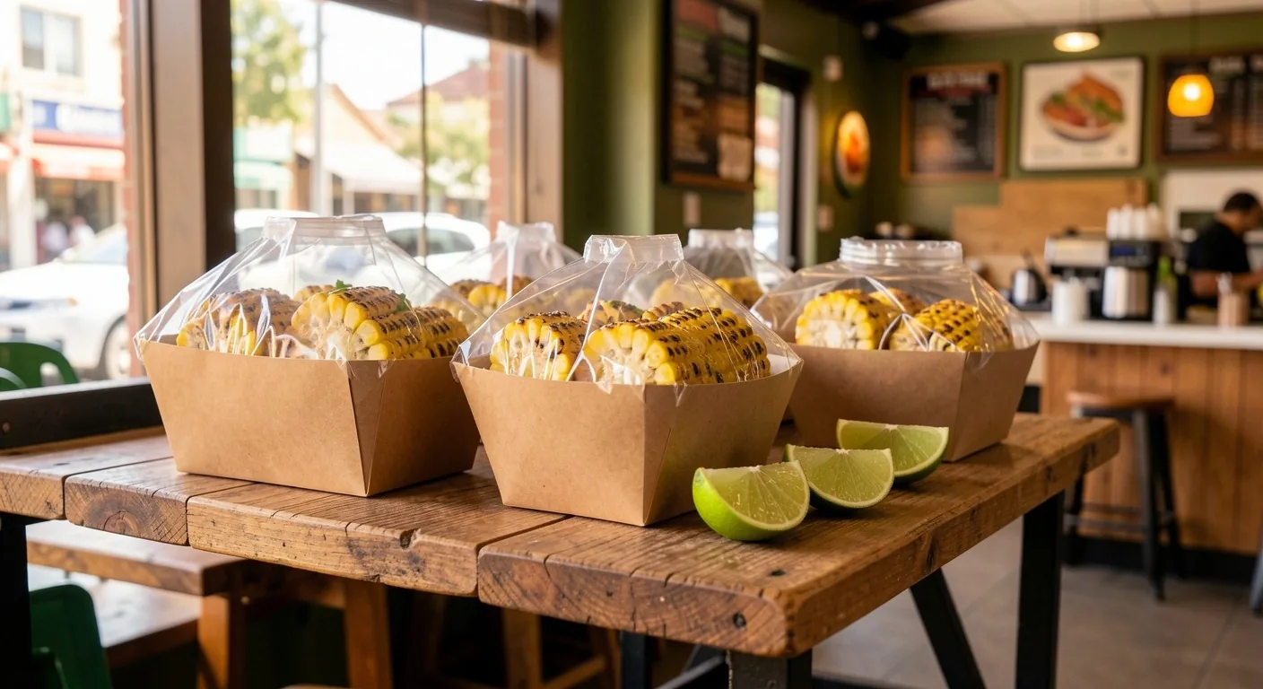 Tiled steel prep counter with foil wraps and an open paper bag
